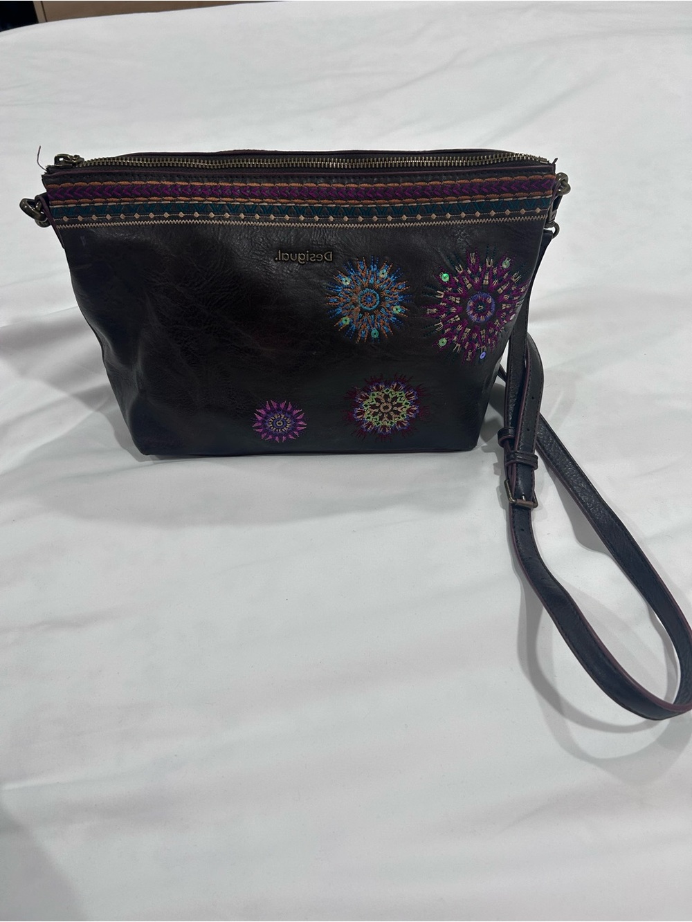Desigual Black Crossbody with Colorful Embroidered Medallions